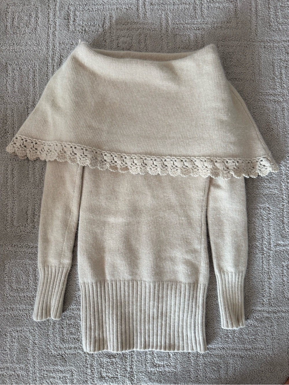 kenzie Cream Off-the-Shoulder Crochet Trim Sweater